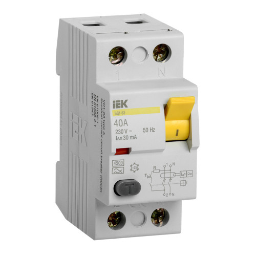Выключатель дифф.тока УЗО IEK MDV10-2-040-030 ВД1-63 40A 30мА AC 2П 230В 2мод белый (упак.:1шт)