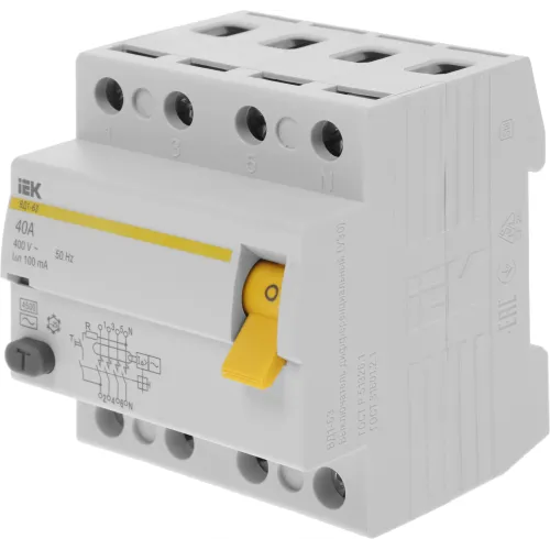 Выключатель дифф.тока УЗО IEK MDV10-4-040-100 ВД1-63 40A 100мА AC 4П 400В 4мод белый (упак.:1шт)