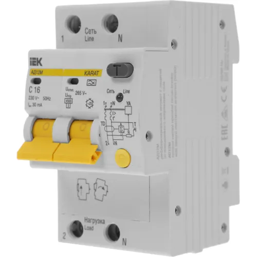 Выключатель автом. дифф. тока IEK MAD12-2-016-C-030 АД12М 16A тип C 4.5kA 30мА A 2П 230В 3мод белый (упак.:1шт)