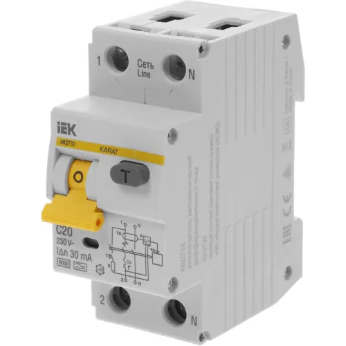 Выключатель автом. дифф. тока IEK MAD22-5-020-C-30 АВДТ 32 20A тип C 6kA 30мА A 1П+Н 230В 2мод белый (упак.:1шт)