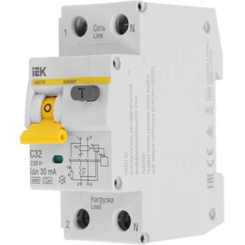Выключатель автом. дифф. тока IEK MAD22-5-032-C-30 АВДТ 32 32A тип C 6kA 30мА A 1П+Н 230В 2мод белый (упак.:1шт)
