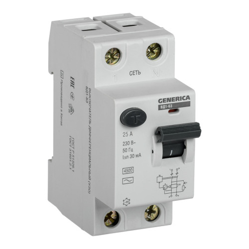 Выключатель дифф.тока УЗО IEK MDV15-2-025-030 ВД1-63 Generica 25A 4.5kA 30мА AC 2П 230В 2мод серый (упак.:1шт)