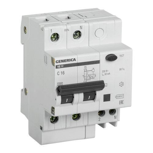 Выключатель автом. дифф. тока IEK MAD15-2-016-C-030 АД12 Generica 16A тип C 4.5kA 30мА AC 2П 230В 4мод серый (упак.:1шт)