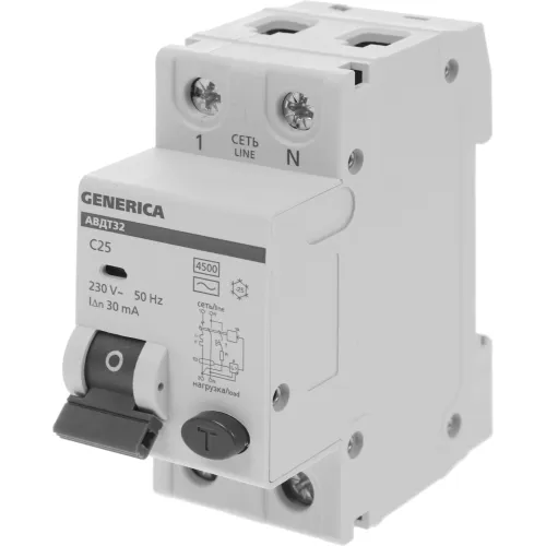 Выключатель автом. дифф. тока IEK MAD25-5-025-C-30 АВДТ 32 Generica 25A тип C 6kA 30мА AC 2П 230В 2мод серый (упак.:1шт)