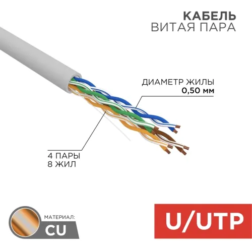 Кабель информационный Rexant 01-0043-50 кат.5E UTP 4 пары 24AWG PVC внутренний 50м серый