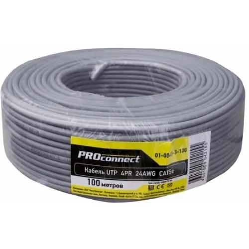 Кабель информационный PROconnect 01-0043-3-100 кат.5E UTP 4 пары 24AWG PVC внутренний 100м серый