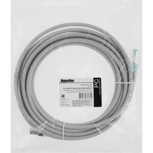 Патч-корд Hyperline PC-LPM-STP-RJ45-RJ45-C6-5M-LSZH-GY U/FTP RJ-45 вил.-вилка RJ-45 кат.6 5м серый LSZH 26AWG