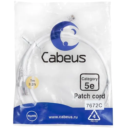 Патч-корд Cabeus PC-UTP-RJ45-CAT.5E-1M-WH-LSZH U/UTP RJ-45 вил.-вилка RJ-45 кат.5E 1м белый LSZH