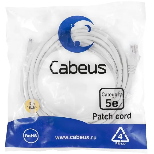 Патч-корд Cabeus PC-UTP-RJ45-CAT.5E-5M-WH-LSZH U/UTP RJ-45 вил.-вилка RJ-45 кат.5E 5м белый LSZH