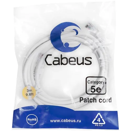 Патч-корд Cabeus PC-UTP-RJ45-CAT.5E-3M-WH U/UTP RJ-45 вил.-вилка RJ-45 кат.5E 3м белый ПВХ