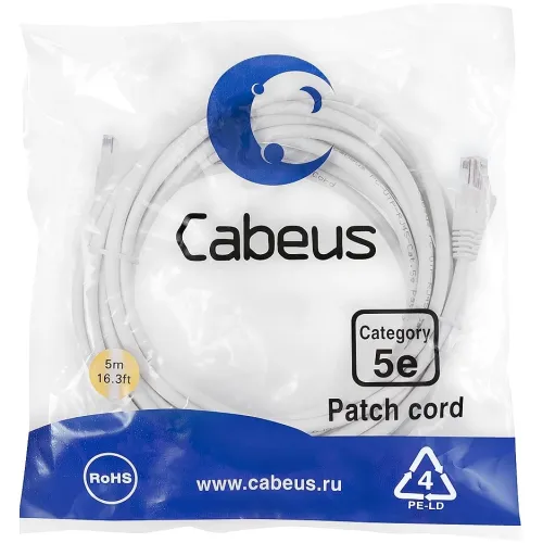 Патч-корд Cabeus PC-UTP-RJ45-Cat.5e-5m-WH U/UTP RJ-45 вил.-вилка RJ-45 кат.5E 5м белый ПВХ