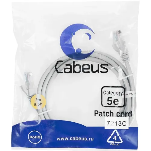 Патч-корд Cabeus PC-UTP-RJ45-CAT.5E-2M U/UTP RJ-45 вил.-вилка RJ-45 кат.5E 2м серый ПВХ