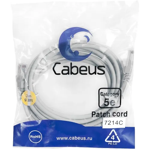 Патч-корд Cabeus PC-UTP-RJ45-CAT.5E-3M U/UTP RJ-45 вил.-вилка RJ-45 кат.5E 3м серый ПВХ