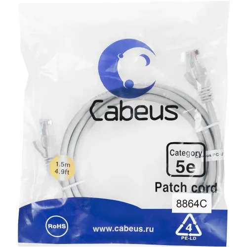 Патч-корд Cabeus PC-UTP-RJ45-CAT.5E-1.5M-LSZH U/FTP RJ-45 вил.-вилка RJ-45 кат.5E 1.5м серый LSZH