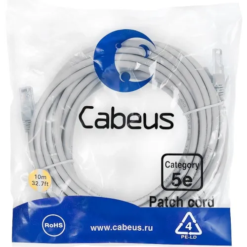 Патч-корд Cabeus PC-UTP-RJ45-CAT.5E-10M-LSZH U/UTP RJ-45 вил.-вилка RJ-45 кат.5E 10м серый LSZH