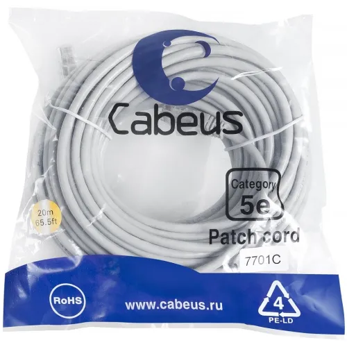 Патч-корд Cabeus PC-UTP-RJ45-CAT.5E-20M U/UTP RJ-45 вил.-вилка RJ-45 кат.5E 20м серый ПВХ