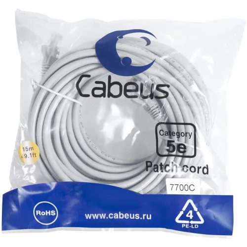 Патч-корд Cabeus PC-UTP-RJ45-CAT.5E-15M U/UTP RJ-45 вил.-вилка RJ-45 кат.5E 15м серый ПВХ