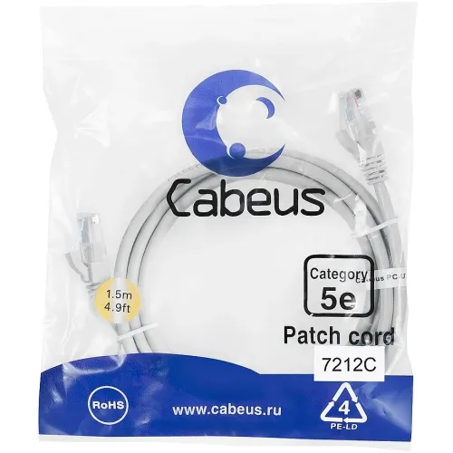 Патч-корд Cabeus PC-UTP-RJ45-CAT.5E-1.5M U/UTP RJ-45 вил.-вилка RJ-45 кат.5E 1.5м серый ПВХ