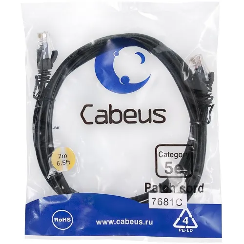 Патч-корд Cabeus PC-UTP-RJ45-CAT.5E-2M-BK U/UTP RJ-45 вил.-вилка RJ-45 кат.5E 2м черный ПВХ
