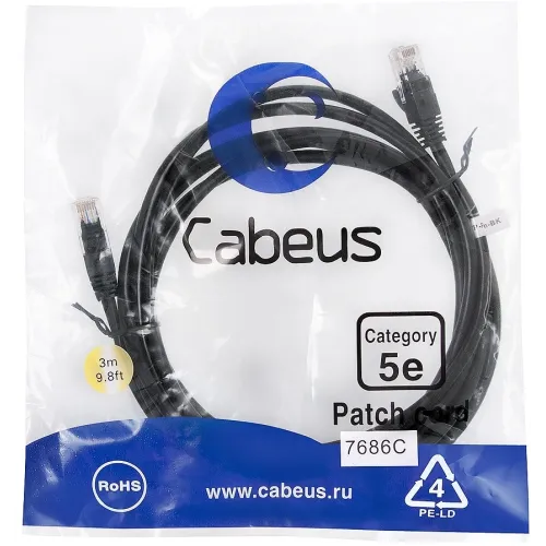 Патч-корд Cabeus PC-UTP-RJ45-CAT.5E-3M-BK U/UTP RJ-45 вил.-вилка RJ-45 кат.5E 3м черный ПВХ