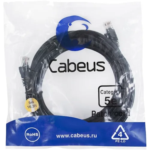 Патч-корд Cabeus PC-UTP-RJ45-CAT.5E-5M-BK U/UTP RJ-45 вил.-вилка RJ-45 кат.5E 5м черный ПВХ