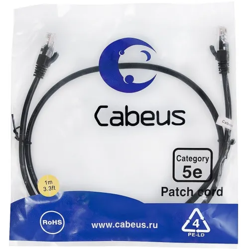 Патч-корд Cabeus PC-UTP-RJ45-CAT.5E-1M-BK U/UTP RJ-45 вил.-вилка RJ-45 кат.5E 1м черный ПВХ