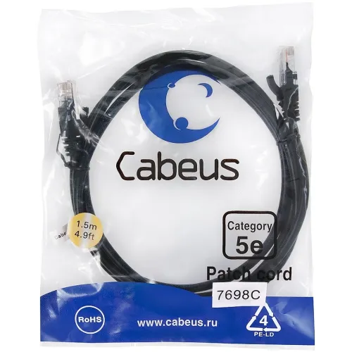 Патч-корд Cabeus PC-UTP-RJ45-CAT.5E-1.5M-BK U/UTP RJ-45 вил.-вилка RJ-45 кат.5E 1.5м черный ПВХ