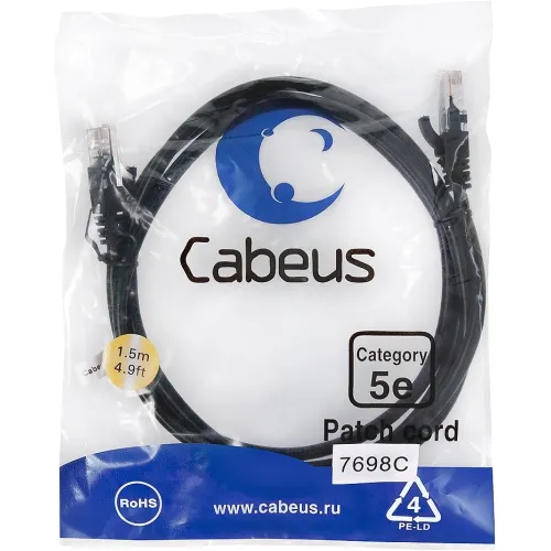 Патч-корд Cabeus PC-UTP-RJ45-Cat.5e-1.5m-BK-LSZH U/UTP RJ-45 вил.-вилка RJ-45 кат.5E 1.5м черный LSZH