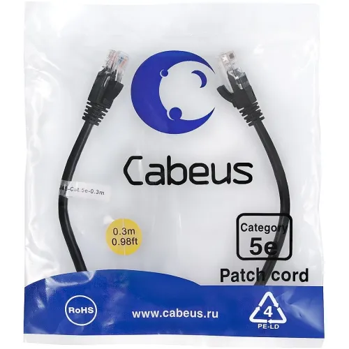 Патч-корд Cabeus PC-UTP-RJ45-Cat.5e-0.3m-BK-LSZH U/UTP RJ-45 вил.-вилка RJ-45 кат.5E 0.3м черный LSZH