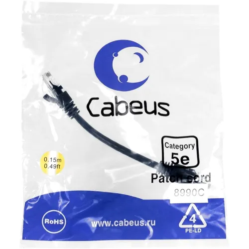 Патч-корд Cabeus PC-UTP-RJ45-Cat.5e-0.15m-BK-LSZH U/UTP RJ-45 вил.-вилка RJ-45 кат.5E 0.15м черный LSZH