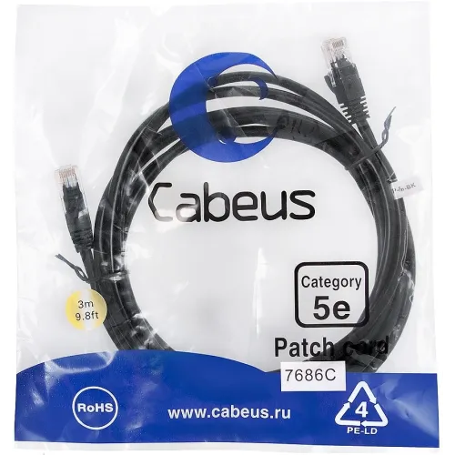 Патч-корд Cabeus PC-UTP-RJ45-CAT.5E-3M-BK-LSZH U/UTP RJ-45 вил.-вилка RJ-45 кат.5E 3м черный LSZH