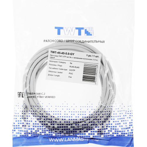 Патч-корд Lanmaster TWT-45-45-5.0-GY UTP RJ-45 вил.-вилка RJ-45 кат.5E 5м серый ПВХ (уп.:1шт)