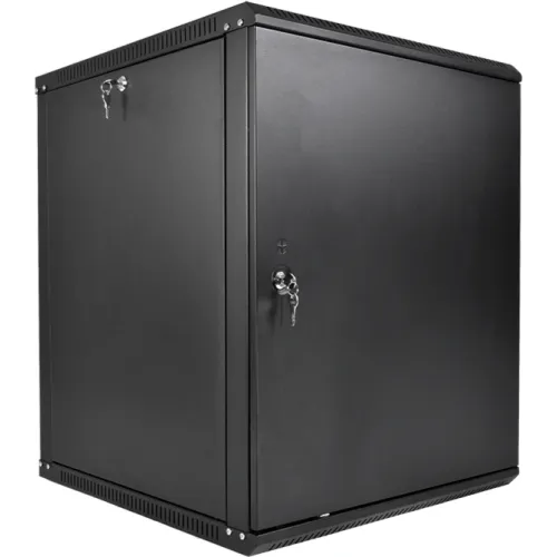 Шкаф коммутационный ЦМО ШРН-Эконом (ШРН-Э-12.350.1-9005) настенный 12U 600x350мм пер.дв.металл направл.под закл.гайки 85кг черный 300мм 15.39кг 180град. 608мм IP20 сталь